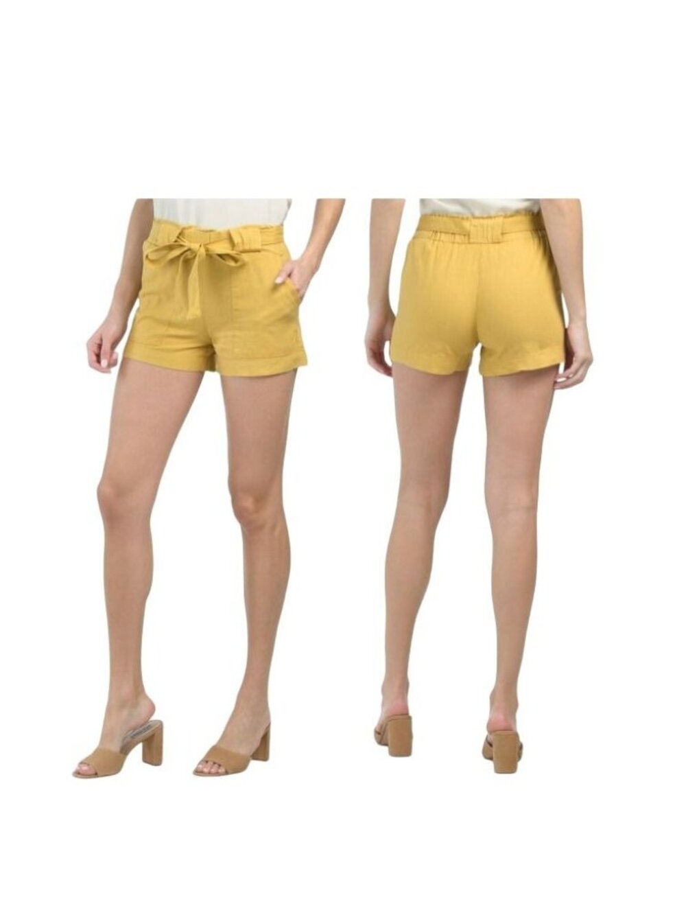 ⭐Sz M Women's short Indigo Rein mustard solid Linen Paper Bag Belted Shorts New⭐